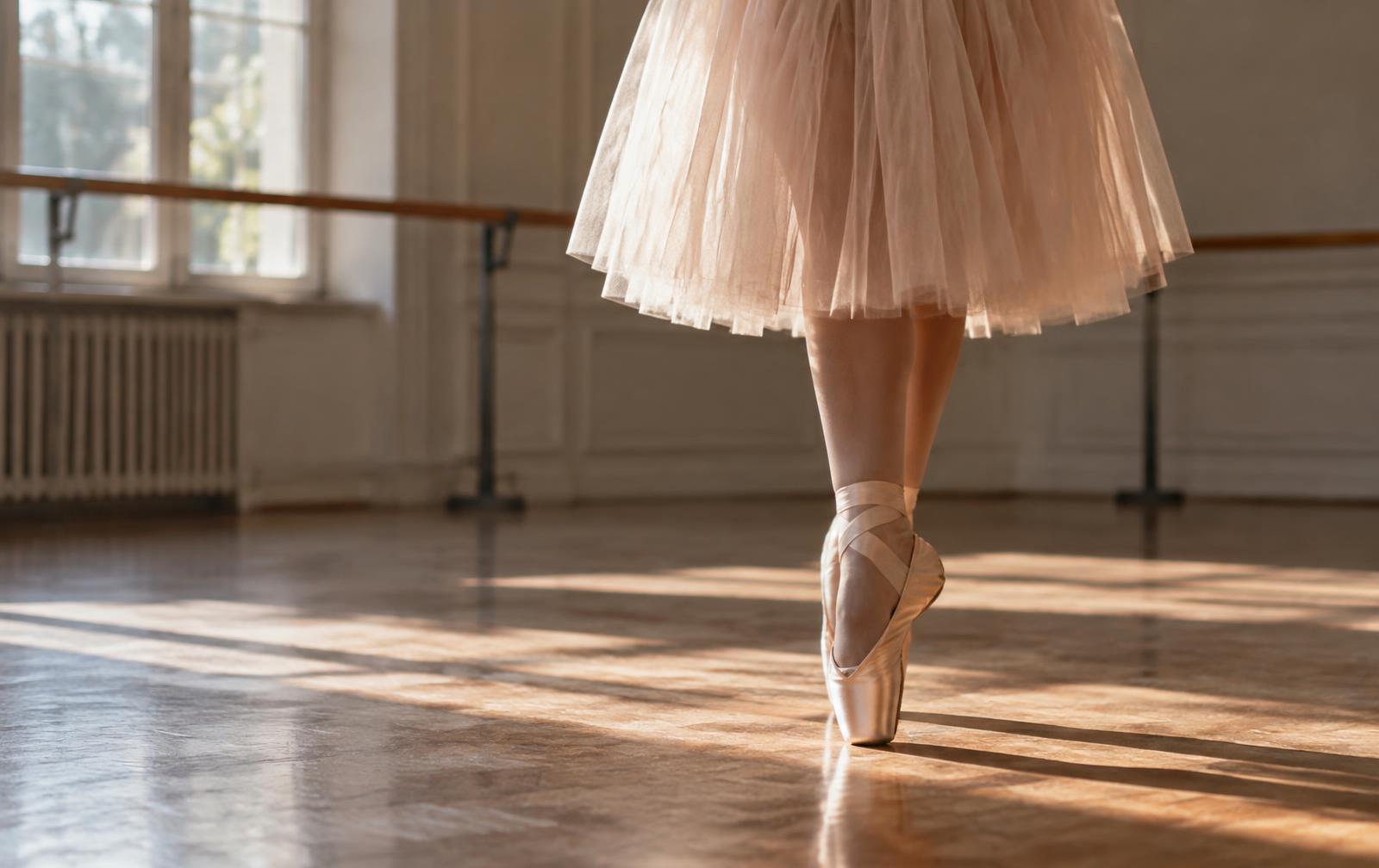 Close-up of a dancer en pointe in warm light